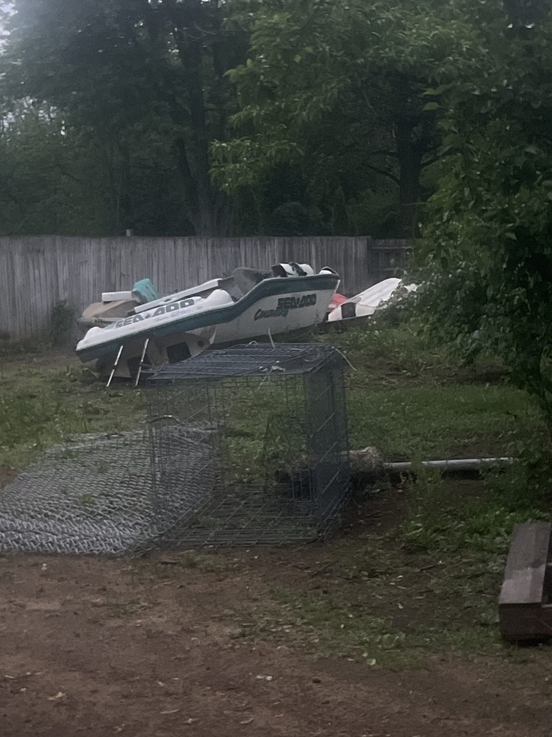 Damaged Sea-Doo personal watercraft awaiting removal in Sylvania, Ohio